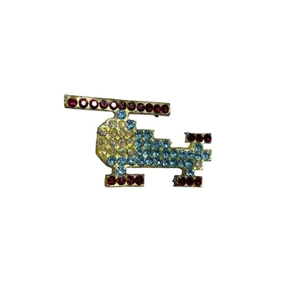 Vintage Idemaria 1" Blue/Red Helicopter Rhinestone Brooch - Picture 3 of 5